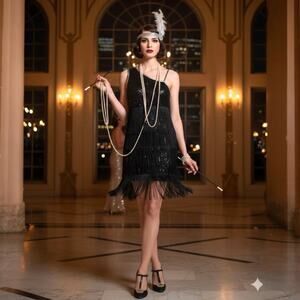 Roaring 20s Flapper Great Gatsby Black Sequin Embellished Dress Small Cosplay